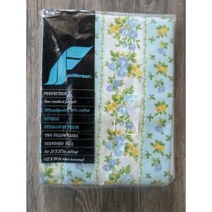 Vintage Fieldcrest Perfection French Ribbon Blue Floral Pillow Cases 2 Standard